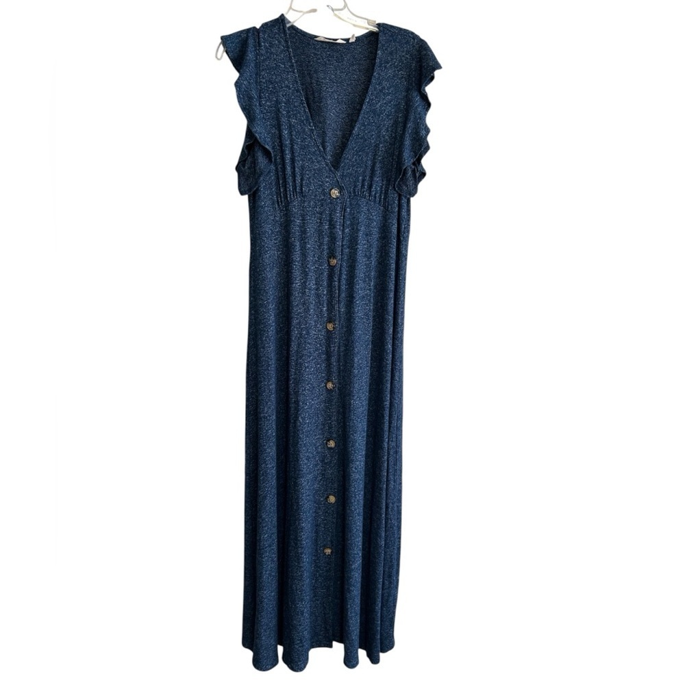 Soft Surroundings Dress Size Small Blue Maxi Ruffle Sleeves Flowy Knit